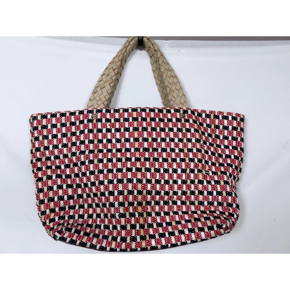Kate Spade Woven Straw Tote Bag Red Black Cream Leather Trim Large Shopper